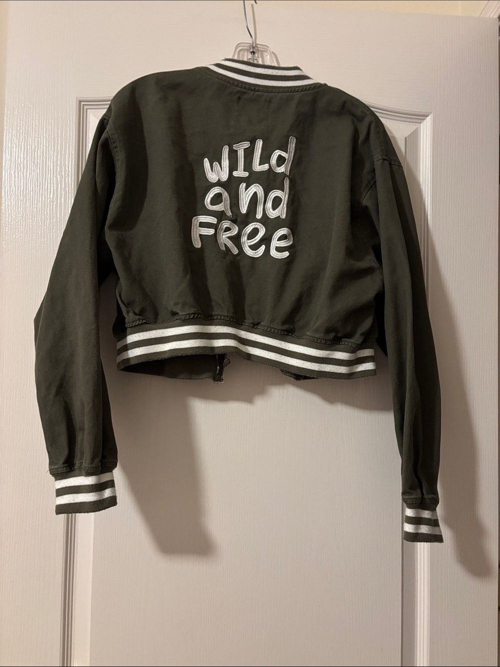 Wild Rose Los Angeles Cropped Varsity Bomber Jacket - Olive Green/White Trim Lg